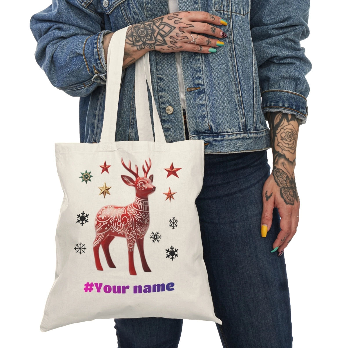  Reindeer Tote Bag, Christmas Tote Bag, Merry Christmas Bags, Natural Tote Bag (S&S Bags) 33114