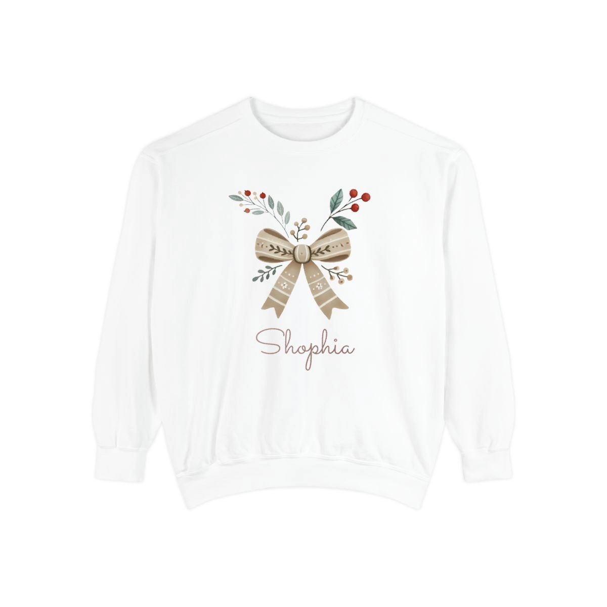 Custom Name Swearshirt, Chistmas Bow Sweatshirt, Merry Christmas Shirt, Unisex Garment-Dyed Sweatshirt (Comfort Colors®) 33243